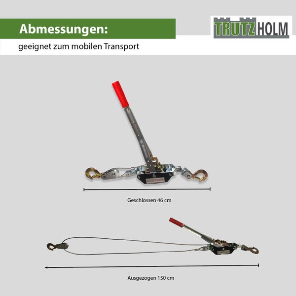 Trutzholm Seilzug mit Hebel und Haken zur Lastenbewegung mit Maßangaben von 46 Zentimeter geschlossen und 150 Zentimeter ausgezogen.