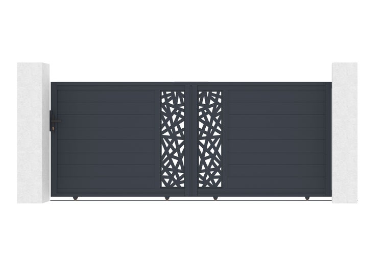 Zweiflügeliges Einfahrtstor aus Aluminium in Anthrazit mit horizontalen Lamellen und geometrischem Dekorelement in der Mitte.