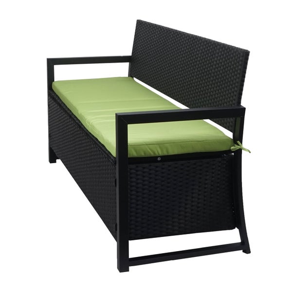 Gartenbank aus Polyrattan mit grünem Sitzkissen und integriertem Stauraum.
