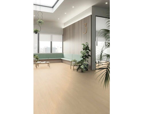 Heller Raum mit Sitzbereich, Tisch und Pflanzen auf Holzboden