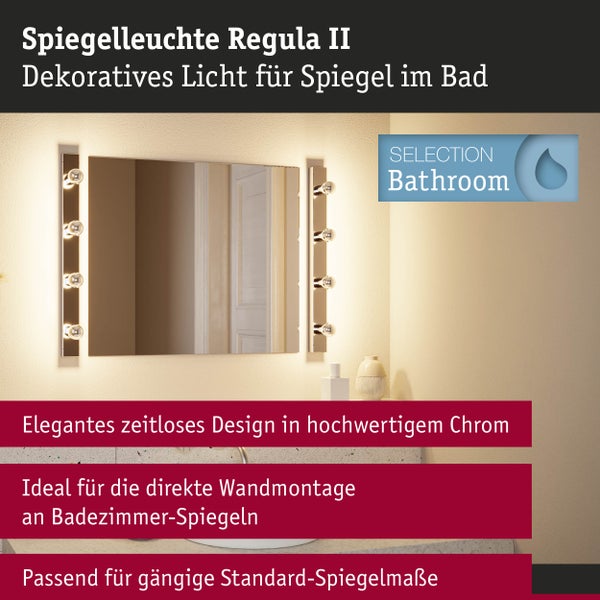 Zweiteilige Spiegelleuchte Regula II aus Chrom mit kugelförmigen LED-Lampen für die Wandmontage neben einem Badezimmerspiegel.