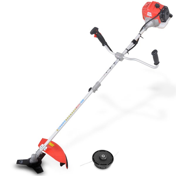 Freischneider mit Fadenkopf und Schutzvorrichtung.