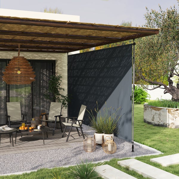 Outsunny Klemmmarkise mit Handkurbel höhenverstellbar Gelenkarmmarkise Markise ohne Bohren Sonnenschutz UV-beständig, inkl. Wandhalterung Sonnenmarkise 400 cm breit für Terrasse Balkon, Dunkelgrau