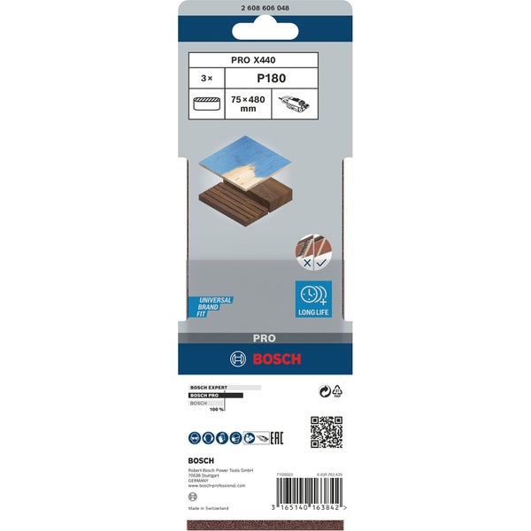 Bosch Schleifband-Set Pro X440, Körnung P180, 75x480 mm, 3 Stück