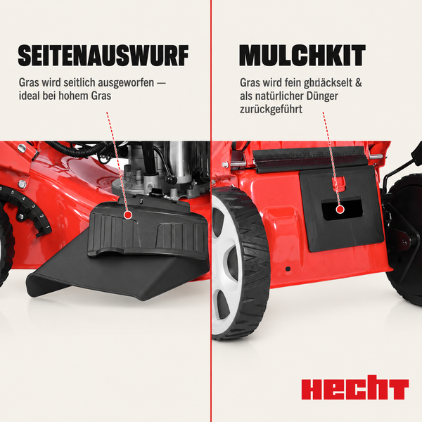 Hecht Rasenmäher mit Seitenauswurf für hohes Gras und Mulchkit zur Nutzung von Grasschnitt als natürlicher Dünger. Hecht Logo.