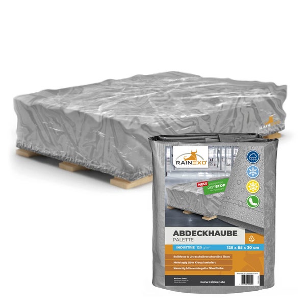 Graue Rainexo Abdeckhaube für Palette, 125 x 85 x 30 Zentimeter, 120 Gramm pro Quadratmeter, reißfeste Industrie-Qualität.