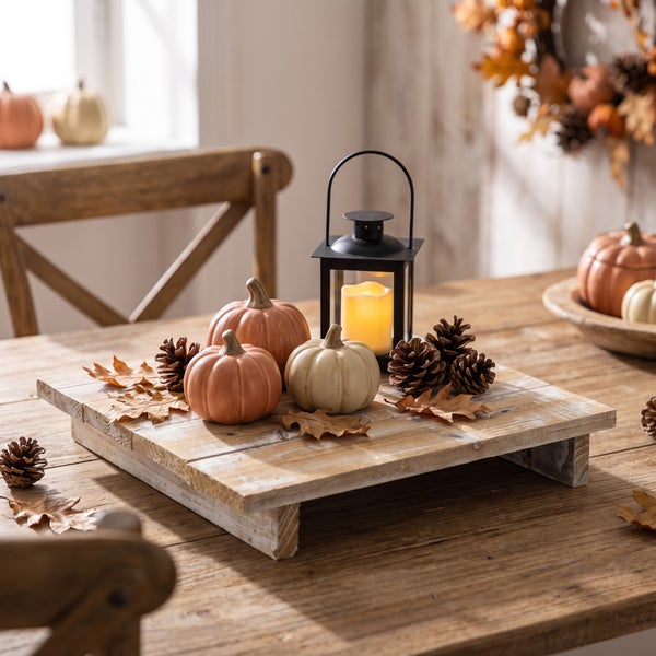 Herbstliche Tischdekoration mit Dekokürbissen, einer Laterne mit LED Kerze und Kiefernzapfen auf einem rustikalen Holztablett.