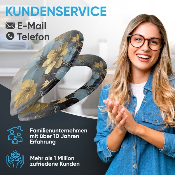 Kundeninformationen zu E-Mail, Telefon, Familienunternehmen mit mehr als 10 Jahren Erfahrung und mehr als 1 Million zufriedenen Kunden vor einem Toilettensitz mit Blumendesign.