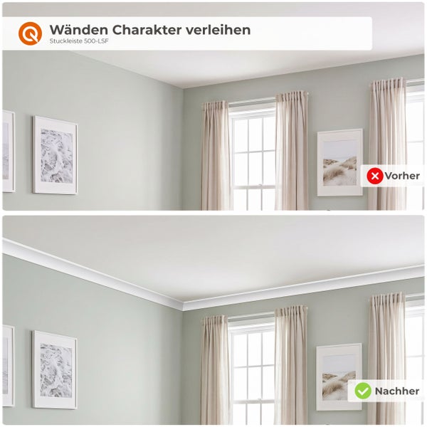 Vorher Nachher Vergleich der Raumgestaltung mit und ohne Stuckleiste 500-LSF an der Zimmerdecke.