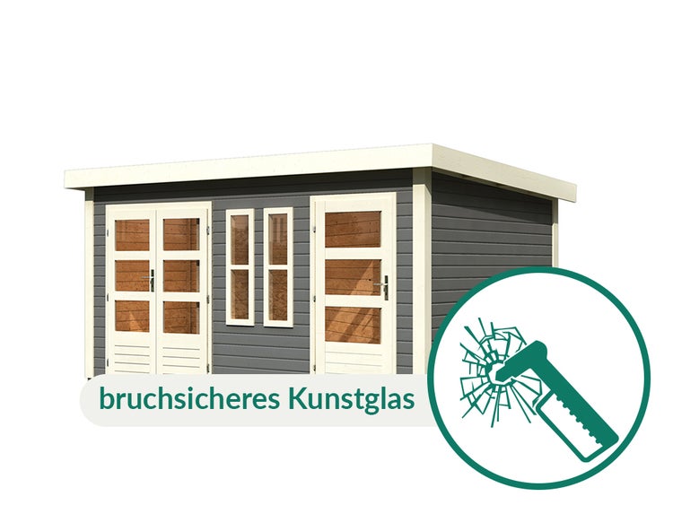 Gartenhaus mit bruchsicherem Kunstglas für Fenster und Türen.