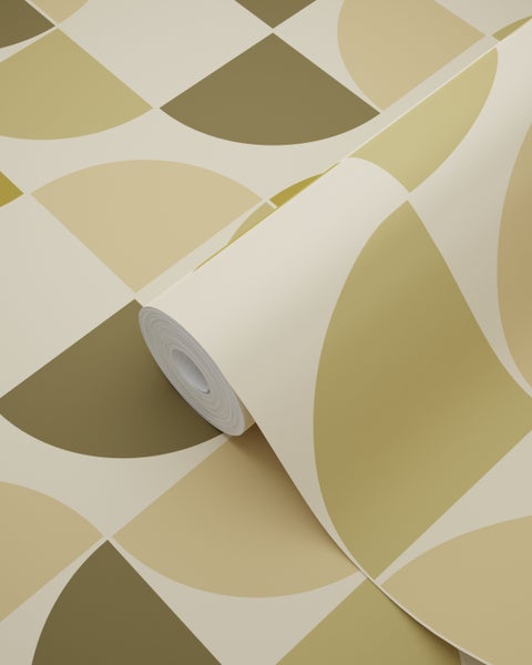 Vliestapete mit geometrischem Muster aus großen Halbkreisen in verschiedenen Naturtönen.