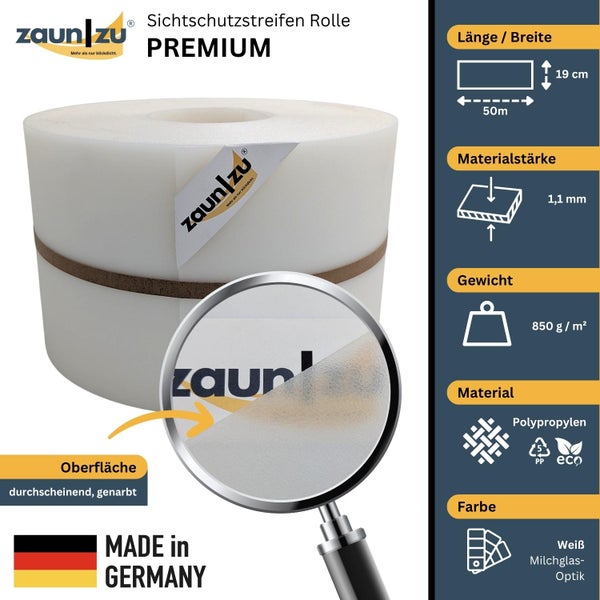 Zaun zu Sichtschutzstreifen Rolle Premium aus Polypropylen, 50 Meter lang und 19 Zentimeter breit