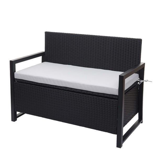Schwarze Gartenbank aus Polyrattan mit Stauraum und weißer Sitzauflage.