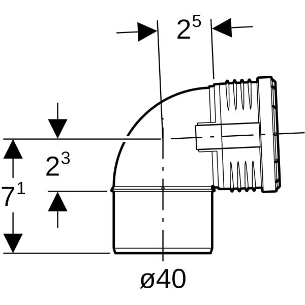 Technische Zeichnung eines 90 Grad Rohrbogens mit einem Durchmesser von 40 Millimetern und Maßangaben.