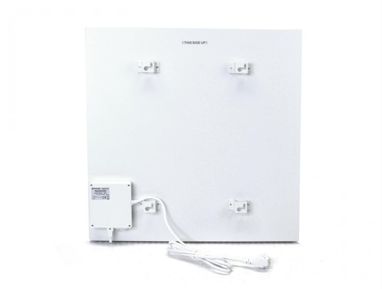 Rückseite einer Infrarotheizung mit Montagehalterungen und Stromkabel