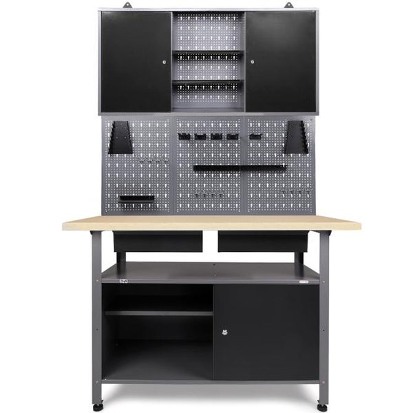 Werkbank mit Lochwand, Schränken und Schubladen zur Werkzeugaufbewahrung