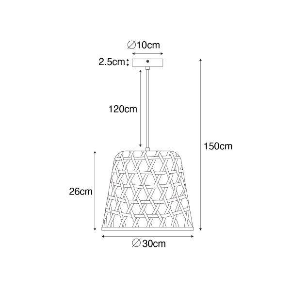 Technische Zeichnung einer Pendelleuchte mit den Maßen: Höhe 150 cm, Durchmesser Lampenschirm 30 cm, Höhe Lampenschirm 26 cm