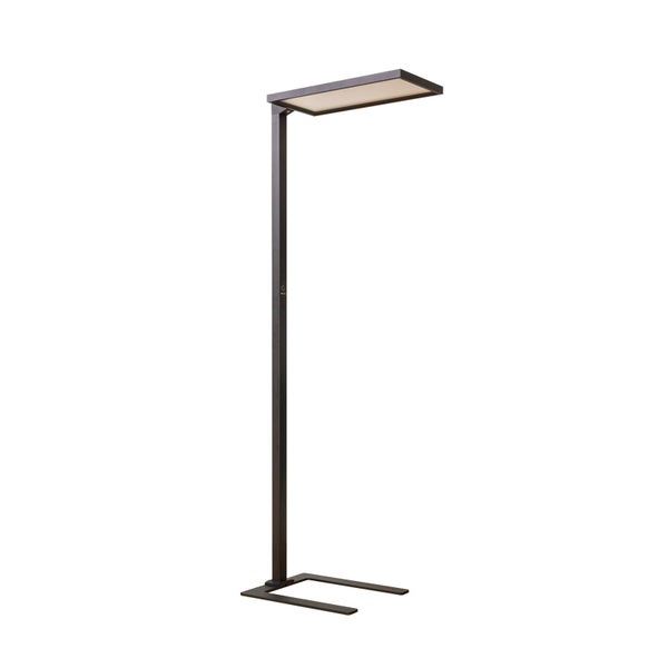 Moderne LED-Stehleuchte in Anthrazit mit rechteckigem Leuchtenkopf und flachem Standfuß.