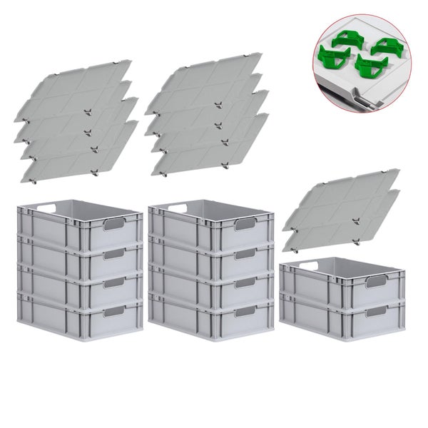 PROREGAL Spar Set 10x Eurobox Nextgen Economy Mit Auflagedeckel & 4x Schiebeschnappverschlüsse Grün Griffe Offen HxBxT 17 x 40 x 60 cm 34 Liter