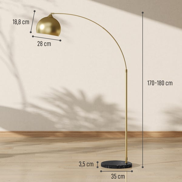 Goldene Bogenlampe mit Marmorfuß. Maße: Höhe 170 bis 180 Zentimeter, Schirmdurchmesser 28 Zentimeter, Fußdurchmesser 35 Zentimeter.