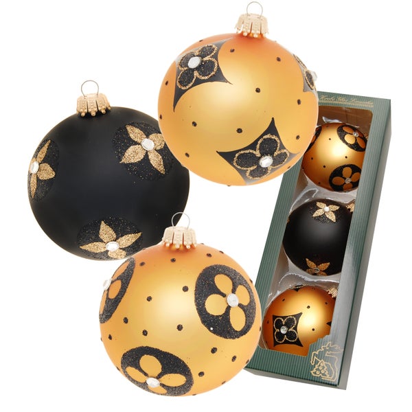 Gold & Schwarz, 3-er Set, stilisierte Blumen, Strasssteine, 8cm, 3 Stck., Weihnachtsbaumkugeln, Christbaumschmuck, Weihnachtsbaumanhänger