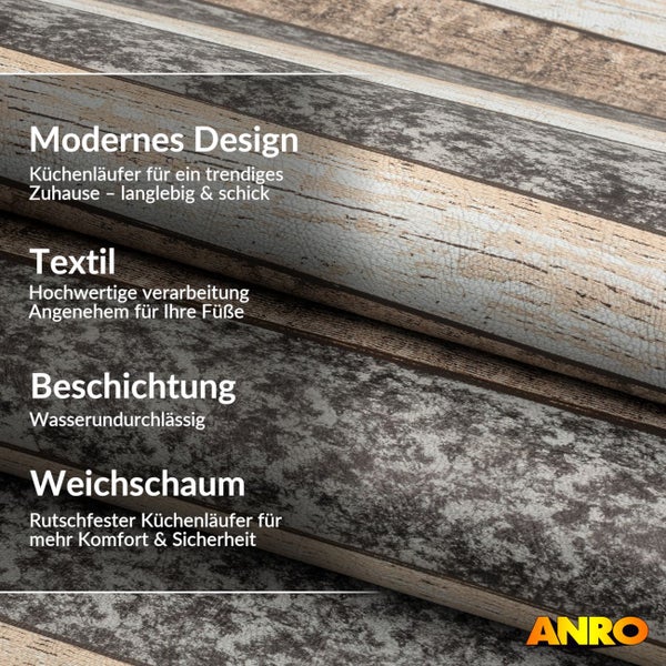 Küchenläufer in Holz- und Steinoptik, Textiloberfläche, wasserundurchlässig, rutschfester Weichschaumrücken, ANRO Logo.