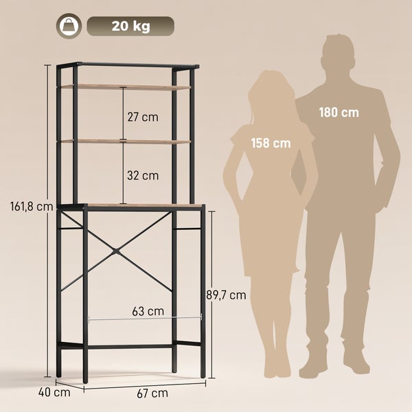Standregal aus schwarzem Metall und Holz: Höhe 161,8 Zentimeter, Breite 67 Zentimeter, Tiefe 40 Zentimeter. Traglast 20 Kilogramm. Größenvergleich.