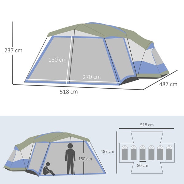 Outsunny Campingzelt, Kuppelzelt mit Vorraum, 2 Fenster,  518 x 487 x 237 cm , PU3000mm Glasfaser,Blau