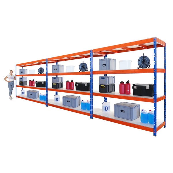 PROREGAL Mega Deal 3x Profi Schwerlastregal Rhino HxBxT 200x200x60cm 4 Melamin-Ebenen 16mm Fachlast 500kg Blau-Orange