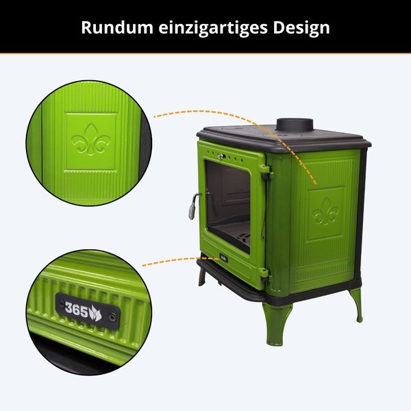 Grüner Kaminofen mit Glastür, Lilien-Prägung an der Seite und 365 Logo.
