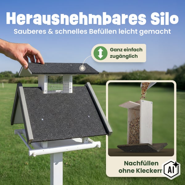 Vogelhaus mit herausnehmbarem Futtersilo für sauberes und einfaches Nachfüllen von Vogelfutter im Garten.