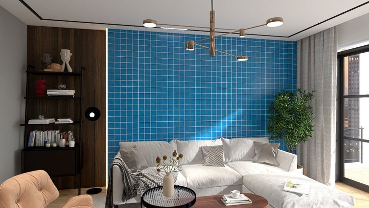 Wohnzimmer mit Sofa, Regal und blauer Mosaikwand