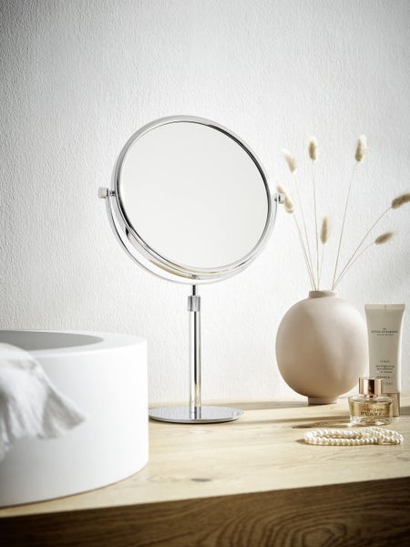 Calmwaters Rasierspiegel/Kosmetikspiegel Standspiegel, 3/1-fach Vergrößerung, chrom, rund, zweiseitige Spiegelfläche, höhenverstellbar, 360° drehbar, Kristallglas, Metall, 80BS6250