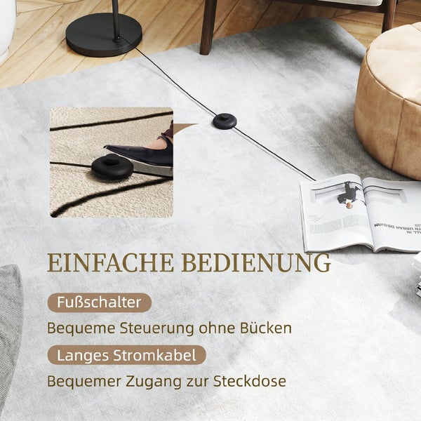 Moderne Stehleuchte mit zylindrischem Lampenschirm neben einer Zimmerpflanze und einem schwarzen Sideboard in einem stilvoll eingerichteten Raum.