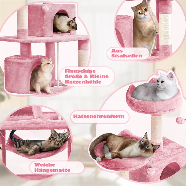 Rosa Katzenkratzbaum mit verschiedenen Liegeflächen und Katzen