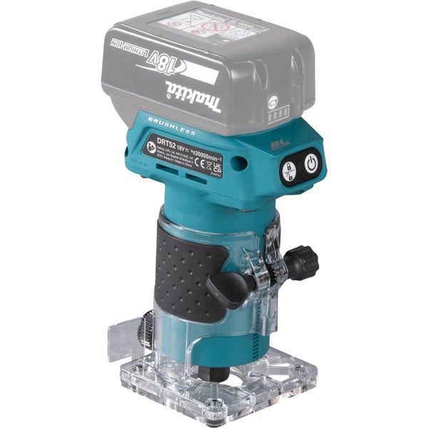 Makita Akku-Kantenfräse 18 Volt mit bürstenlosem Motor, schwarzem Griff und transparentem Fräskorb.