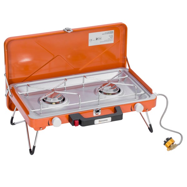 Outsunny Gasgrill, Tischgrill, BBQ mit 2 Brennern, für Picknick, Garten, 46,5 x 33,5 x 17,4 cm, Edelstahl+Metall, Orange