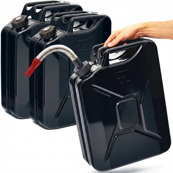 Drei schwarze Kraftstoffkanister, einer mit flexiblem Ausgießer, Fassungsvermögen 20 Liter