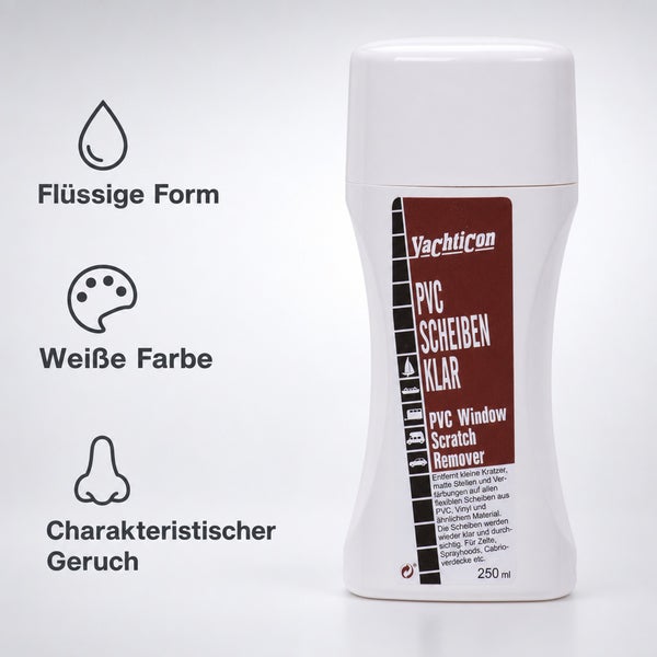 Yachticon PVC Scheiben Klar Fensterreiniger und Kratzerentferner in der 250 Milliliter Flasche zur Pflege von flexiblen Kunststoffscheiben.
