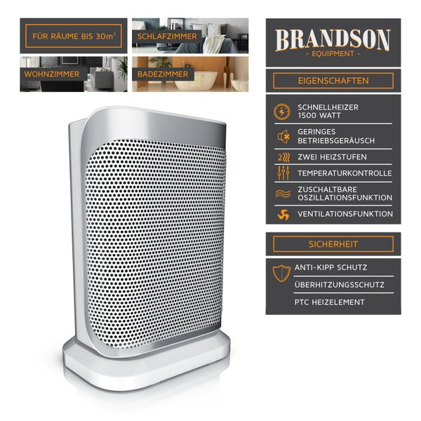 Brandson Heizlüfter 1500W, Keramik Heizlüfter mit Thermostat, 2 Leistungsstufen, Überhitzungsschutz, Automatische Abschaltung, Umkippschutz, 40°