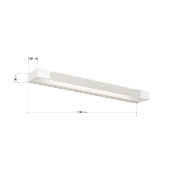 Längliche LED Aufbauleuchte mit Maßangaben von 600 Millimeter Länge, 100 Millimeter Breite und 42 Millimeter Höhe.