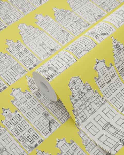 Gelbe Tapete mit aufgedruckten Hausfassaden