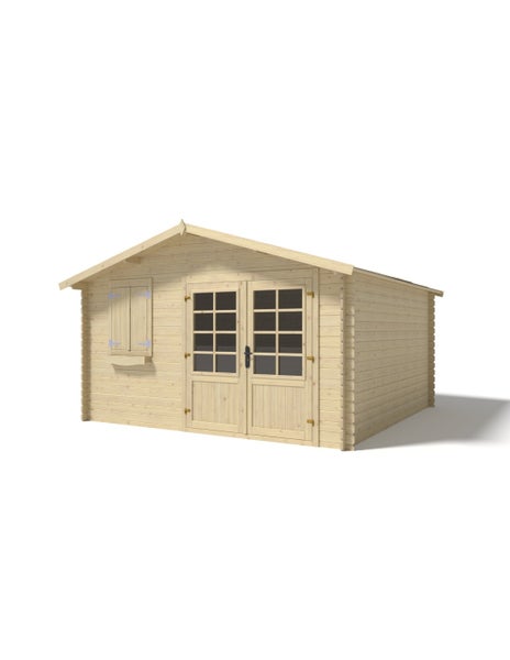 Gartenhaus aus Holz mit Doppeltür, Sprossenfenster, Fensterläden und Satteldach.