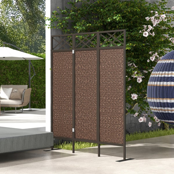 Outsunny Paravant, Garten Raumteiler mit Rattanoptik, 148 x 181 cm, Stahl, Dunkelbraun