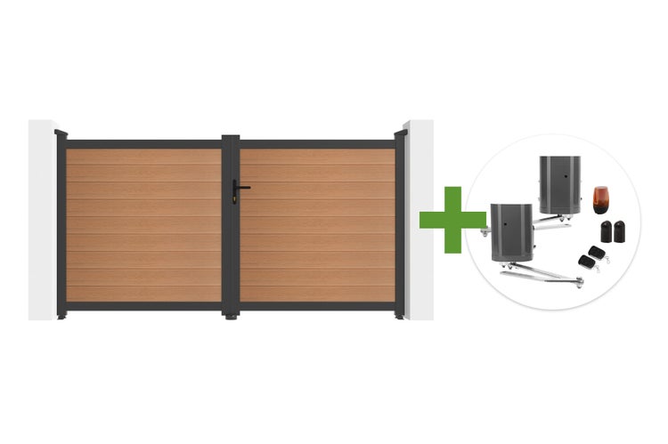 Zweiflügeliges Einfahrtstor in Holzoptik mit schwarzem Rahmen inklusive elektrischem Torantrieb-Set.