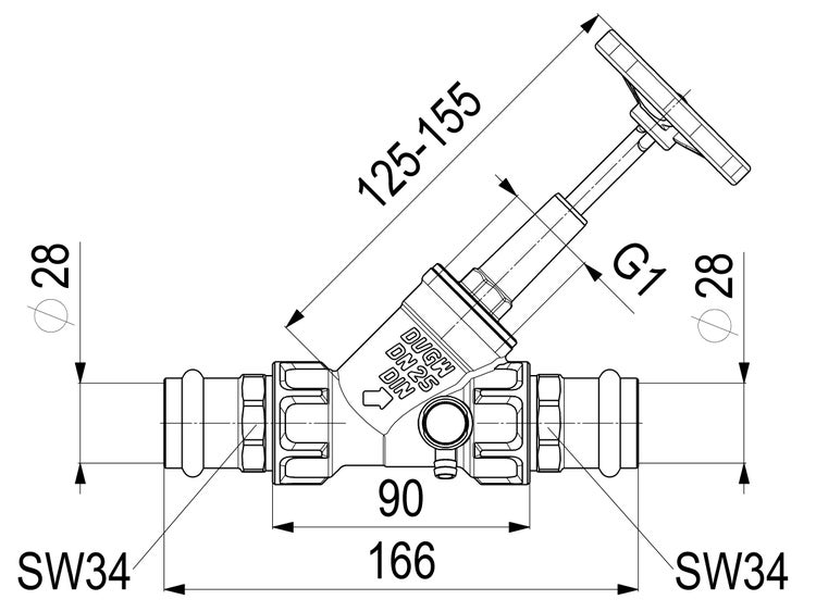 Technische Zeichnung eines Schrägsitzventils mit Pressanschluss, Durchmesser 28 Millimeter, Nennweite 25, mit detaillierten Maßangaben.