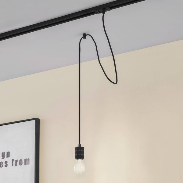 Schwarzer Pendeladapter für Schienensystem mit langem Textilkabel, geriffelter Fassung und LED-Leuchtmittel.