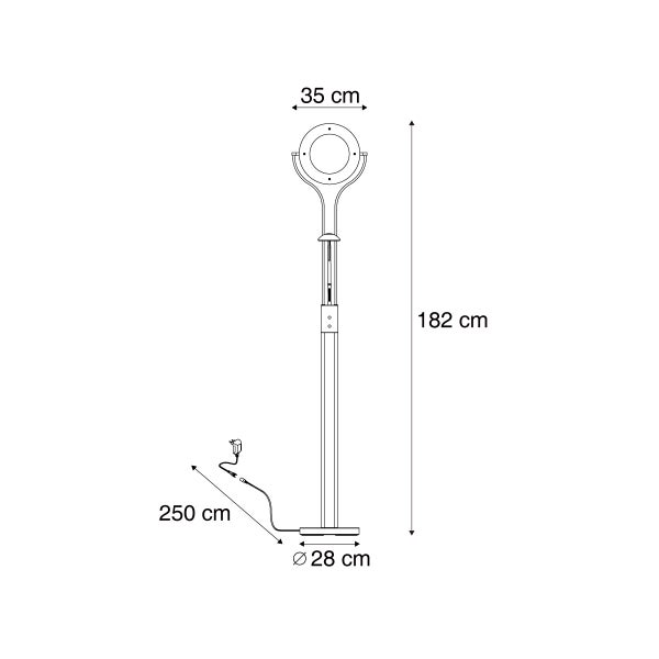 Technische Zeichnung einer Stehlampe mit den Maßen: 182 cm Höhe, 35 cm Lampenschirmdurchmesser, 28 cm Basisdurchmesser, 250 cm Kabellänge