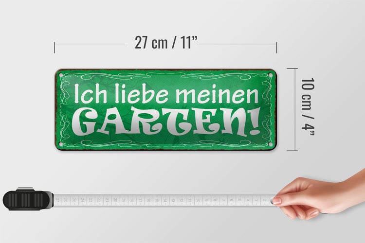Blechschild Spruch 27x10cm ich liebe meinen Garten grünes Schild