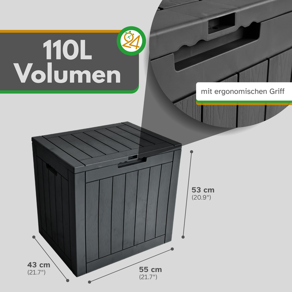 Gartenbox mit 110 Liter Volumen, Holzoptik, ergonomischer Griff, Maße 55 Zentimeter Breite, 43 Zentimeter Tiefe, 53 Zentimeter Höhe.